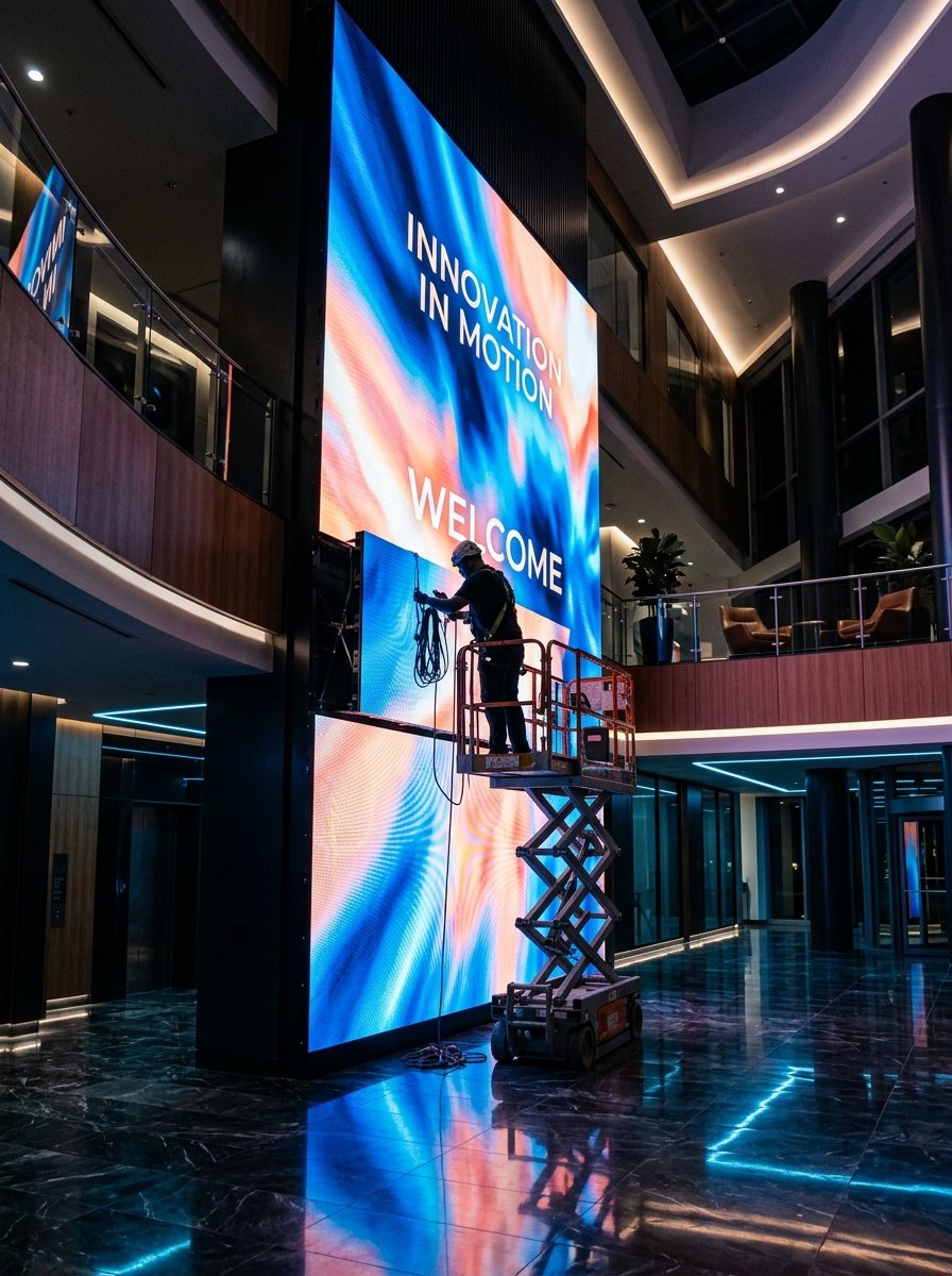 A large indoor LED video wall lighting a commercial interior