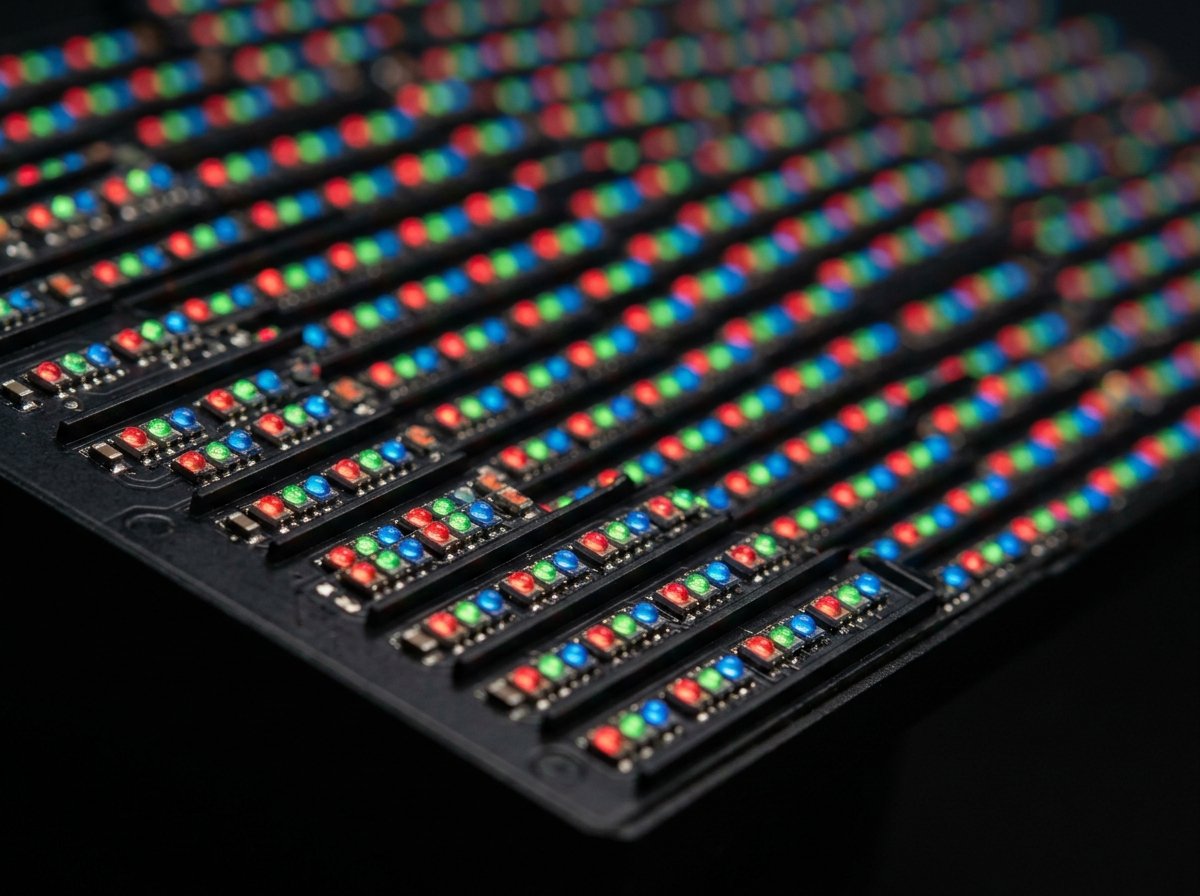 Close-up of a fine pixel pitch LED panel showing individual red, green and blue emitters
