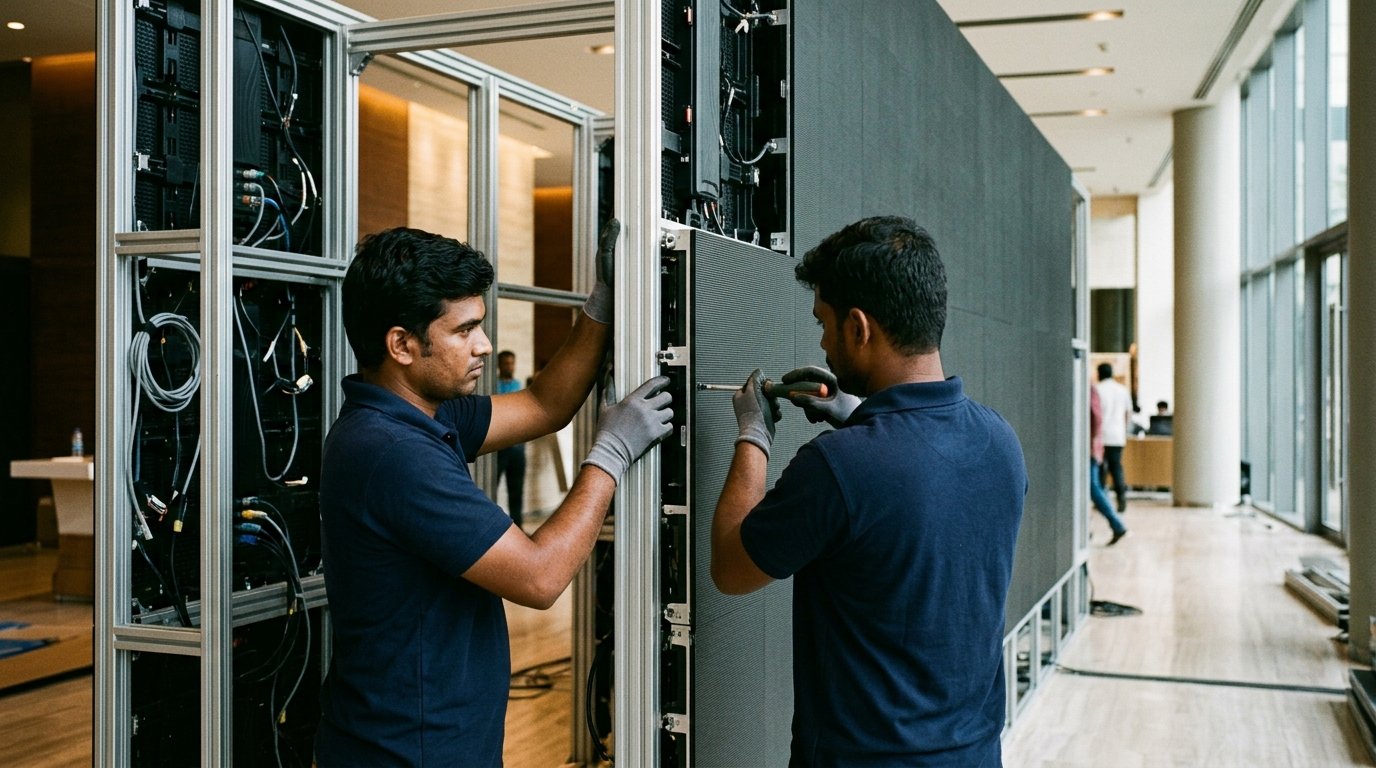 Technicians mounting modular LED cabinets onto an aluminium frame structure