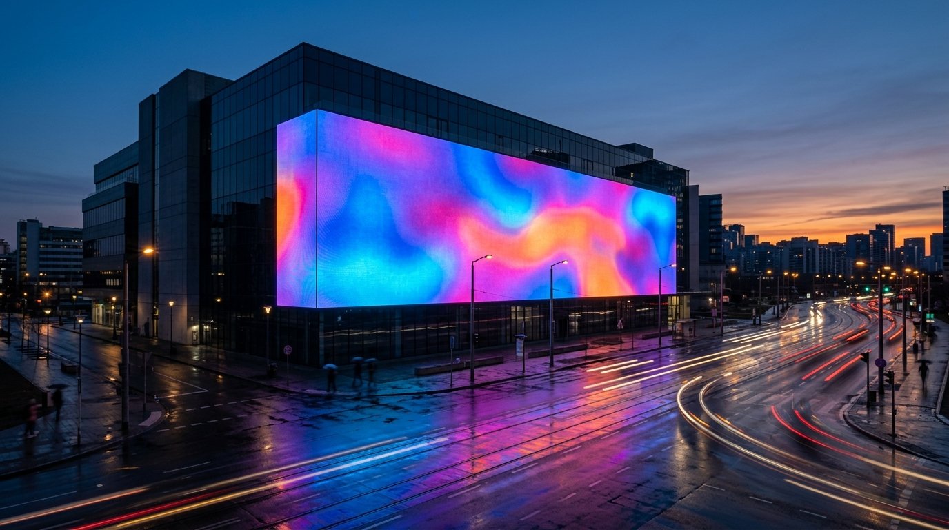 Large-format outdoor LED video wall on a building at dusk
