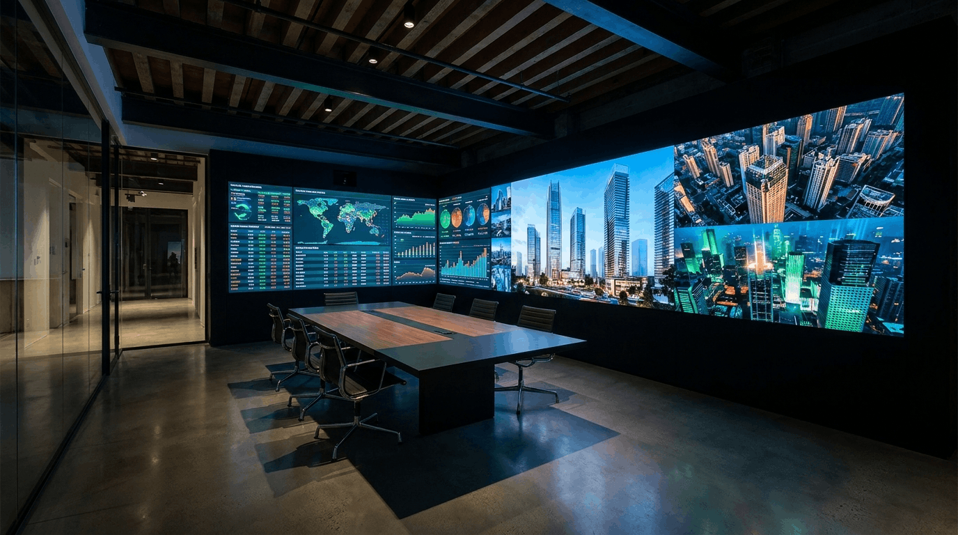 Indoor corporate boardroom fitted with a wall-width LED display