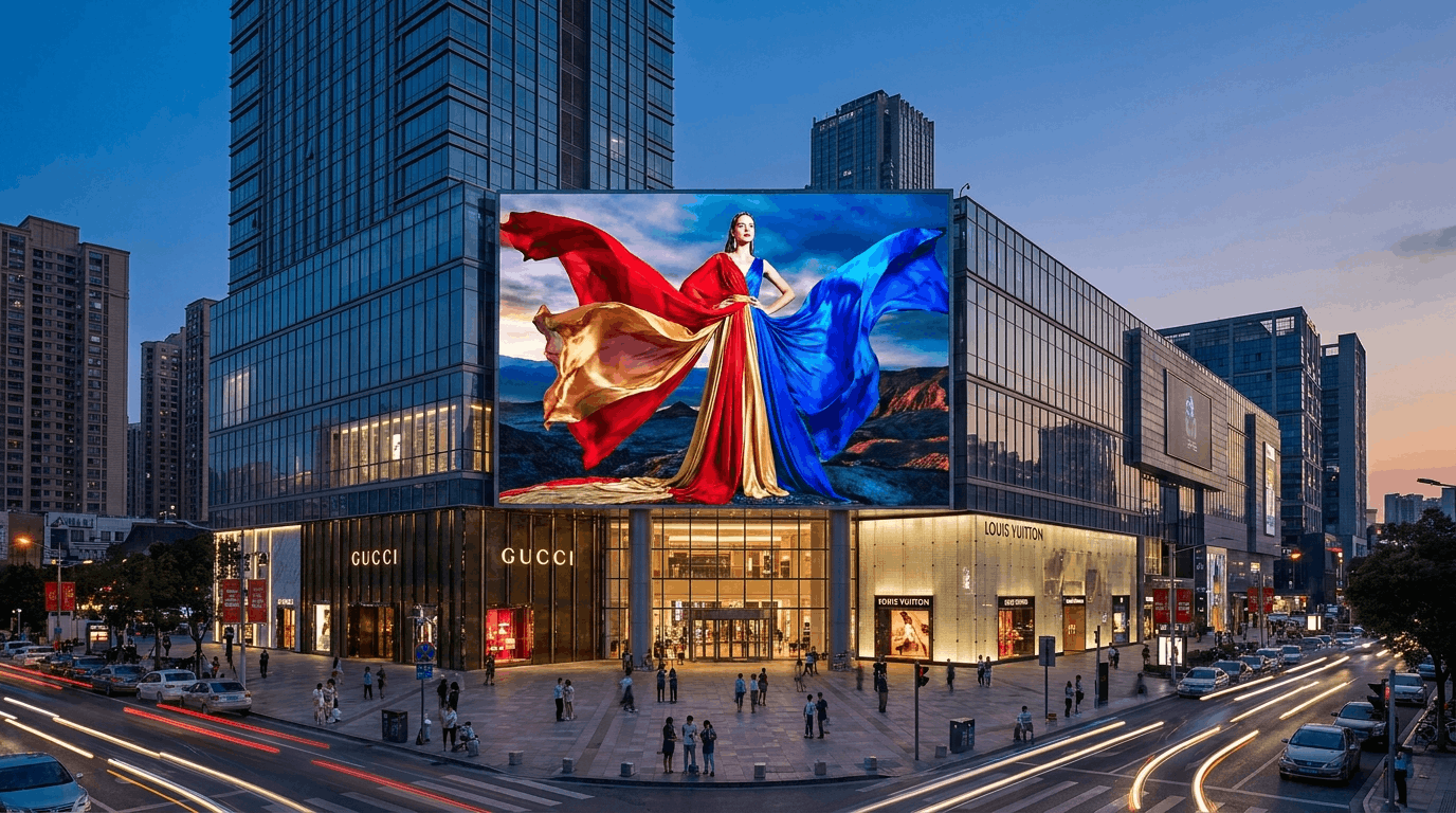 Large outdoor LED video wall mounted on a retail building facade at dusk