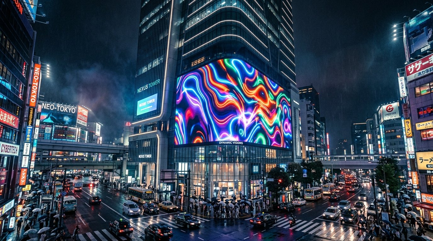 Outdoor LED display mounted on a commercial building facade