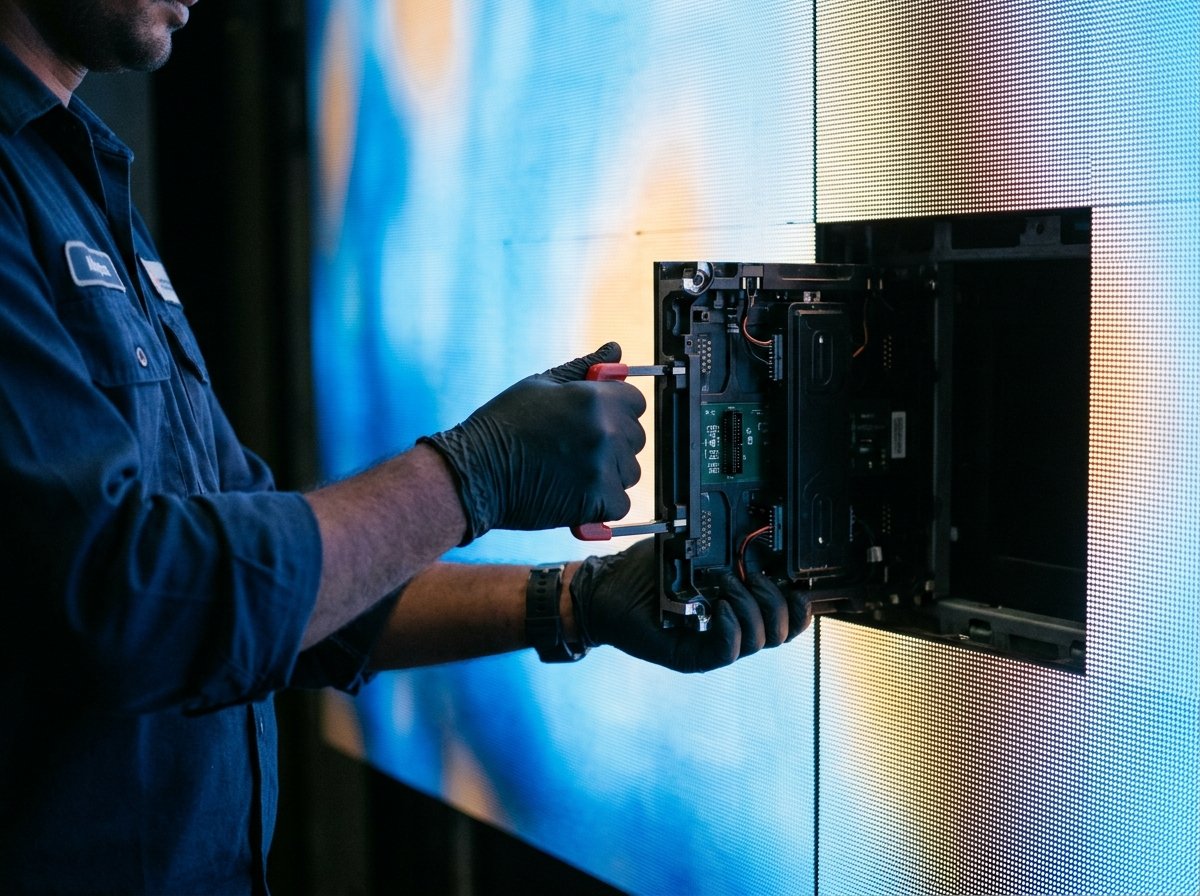 Technician removing a single LED module from an assembled video wall for service